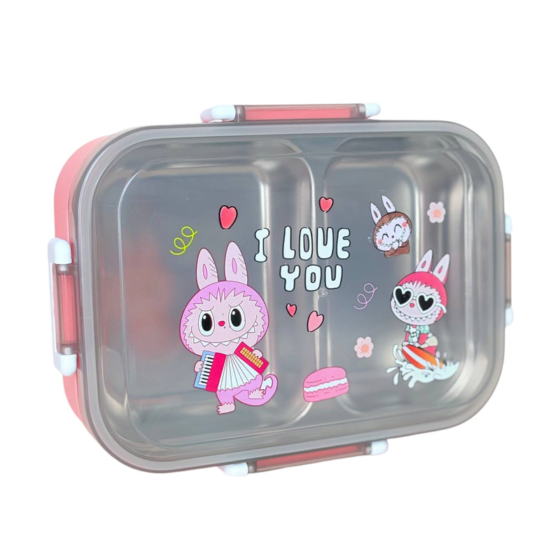 ظرف غذای کودک مدل لبوبو و کرومی استیل به همراه قاشق